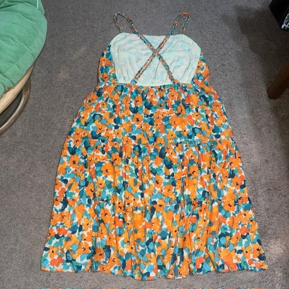 ModCloth Twists and Tendrils Overall Tiered Midi Dress Floral Orange Green 2X - Picture 6 of 9